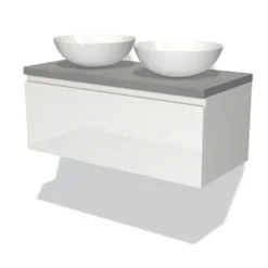 Modulo Plato Badkamermeubel Voor Waskom | 100 Cm Hoogglans Wit Greeploos Front Lichtgrijs Beton Blad 1 Lade