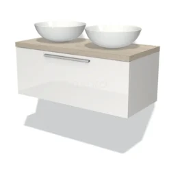 Modulo Plato Badkamermeubel Voor Waskom | 100 Cm Hoogglans Wit Vlak Front Lichtgrijs Eiken Blad 1 Lade