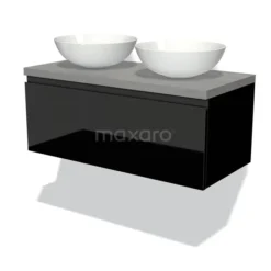 Modulo Plato Badkamermeubel Voor Waskom | 100 Cm Hoogglans Zwart Greeploos Front Lichtgrijs Beton Blad 1 Lade