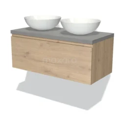 Modulo Plato Badkamermeubel Voor Waskom | 100 Cm Lichtbruin Eiken Greeploos Front Lichtgrijs Beton Blad 1 Lade