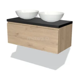 Modulo Plato Badkamermeubel Voor Waskom | 100 Cm Lichtbruin Eiken Greeploos Front Mat Zwart Blad 1 Lade