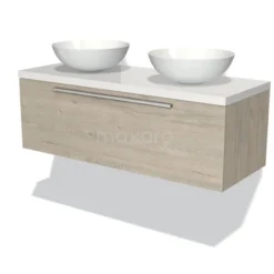 Modulo Plato Badkamermeubel Voor Waskom | 120 Cm Lichtgrijs Eiken Vlak Front Hoogglans Wit Blad 1 Lade