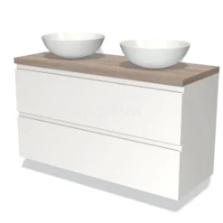 Modulo Plato Badkamermeubel Voor Waskom | 120 Cm Mat Wit Greeploos Front Eiken Blad 2 Lades Onder Elkaar