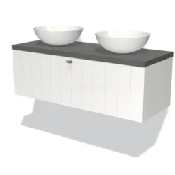 Modulo Plato Badkamermeubel Voor Waskom | 120 Cm Mat Wit Lamel Front Donkergrijs Beton Blad 1 Lade