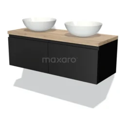 Modulo Plato Badkamermeubel Voor Waskom | 120 Cm Mat Zwart Greeploos Front Lichtbruin Eiken Blad 2 Lades Naast Elkaar