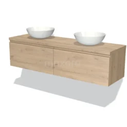 Modulo Plato Badkamermeubel Voor Waskom | 160 Cm Lichtbruin Eiken Greeploos Front Lichtbruin Eiken Blad 2 Lades Naast Elkaar