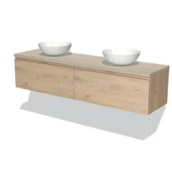 Modulo Plato Badkamermeubel Voor Waskom | 180 Cm Lichtbruin Eiken Greeploos Front Lichtgrijs Eiken Blad 2 Lades Naast Elkaar