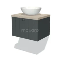 Modulo Plato Badkamermeubel Voor Waskom | 60 Cm Donkergrijs Lamel Front Lichtgrijs Eiken Blad 1 Lade