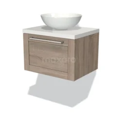 Modulo Plato Badkamermeubel Voor Waskom | 60 Cm Eiken Kader Front Hoogglans Wit Blad 1 Lade