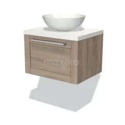 Modulo Plato Badkamermeubel Voor Waskom | 60 Cm Eiken Kader Front Mat Wit Blad 1 Lade