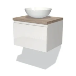 Modulo Plato Badkamermeubel Voor Waskom | 60 Cm Hoogglans Wit Greeploos Front Eiken Blad 1 Lade