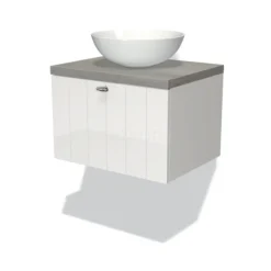 Modulo Plato Badkamermeubel Voor Waskom | 60 Cm Hoogglans Wit Lamel Front Grijs Eiken Blad 1 Lade