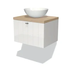 Modulo Plato Badkamermeubel Voor Waskom | 60 Cm Hoogglans Wit Lamel Front Lichtbruin Eiken Blad 1 Lade
