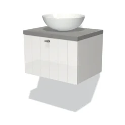 Modulo Plato Badkamermeubel Voor Waskom | 60 Cm Hoogglans Wit Lamel Front Lichtgrijs Beton Blad 1 Lade