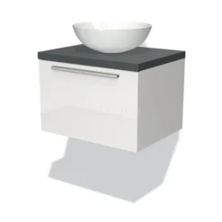 Modulo Plato Badkamermeubel Voor Waskom | 60 Cm Hoogglans Wit Vlak Front Donkergrijs Blad 1 Lade