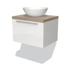 Modulo Plato Badkamermeubel Voor Waskom | 60 Cm Hoogglans Wit Vlak Front Eiken Blad 1 Lade