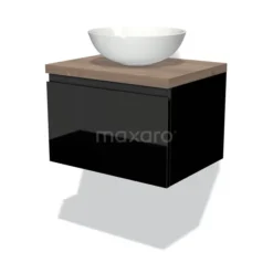 Modulo Plato Badkamermeubel Voor Waskom | 60 Cm Hoogglans Zwart Greeploos Front Middenbruin Eiken Blad 1 Lade