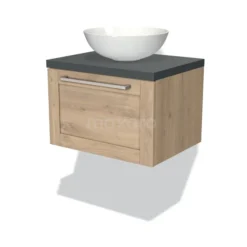 Modulo Plato Badkamermeubel Voor Waskom | 60 Cm Lichtbruin Eiken Kader Front Donkergrijs Blad 1 Lade