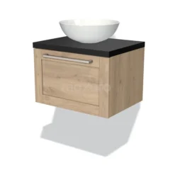 Modulo Plato Badkamermeubel Voor Waskom | 60 Cm Lichtbruin Eiken Kader Front Mat Zwart Blad 1 Lade