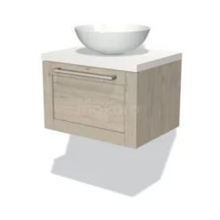 Modulo Plato Badkamermeubel Voor Waskom | 60 Cm Lichtgrijs Eiken Kader Front Mat Wit Blad 1 Lade