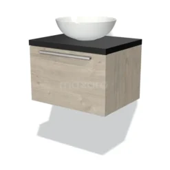 Modulo Plato Badkamermeubel Voor Waskom | 60 Cm Lichtgrijs Eiken Vlak Front Mat Zwart Blad 1 Lade