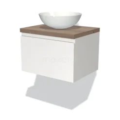 Modulo Plato Badkamermeubel Voor Waskom | 60 Cm Mat Wit Greeploos Front Middenbruin Eiken Blad 1 Lade