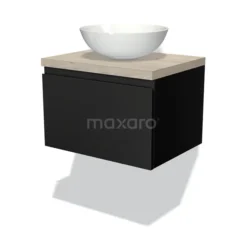 Modulo Plato Badkamermeubel Voor Waskom | 60 Cm Mat Zwart Greeploos Front Lichtgrijs Eiken Blad 1 Lade