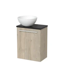 Toiletmeubel Met Waskom Solid Surface Modulo Lichtgrijs Eiken Vlak 41 Cm Mat Zwart Blad